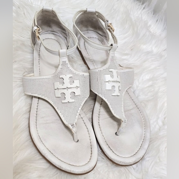 Tory Burch Silver Tone Open Toe White Sandals Size 8.5🌴 - Picture 2 of 8